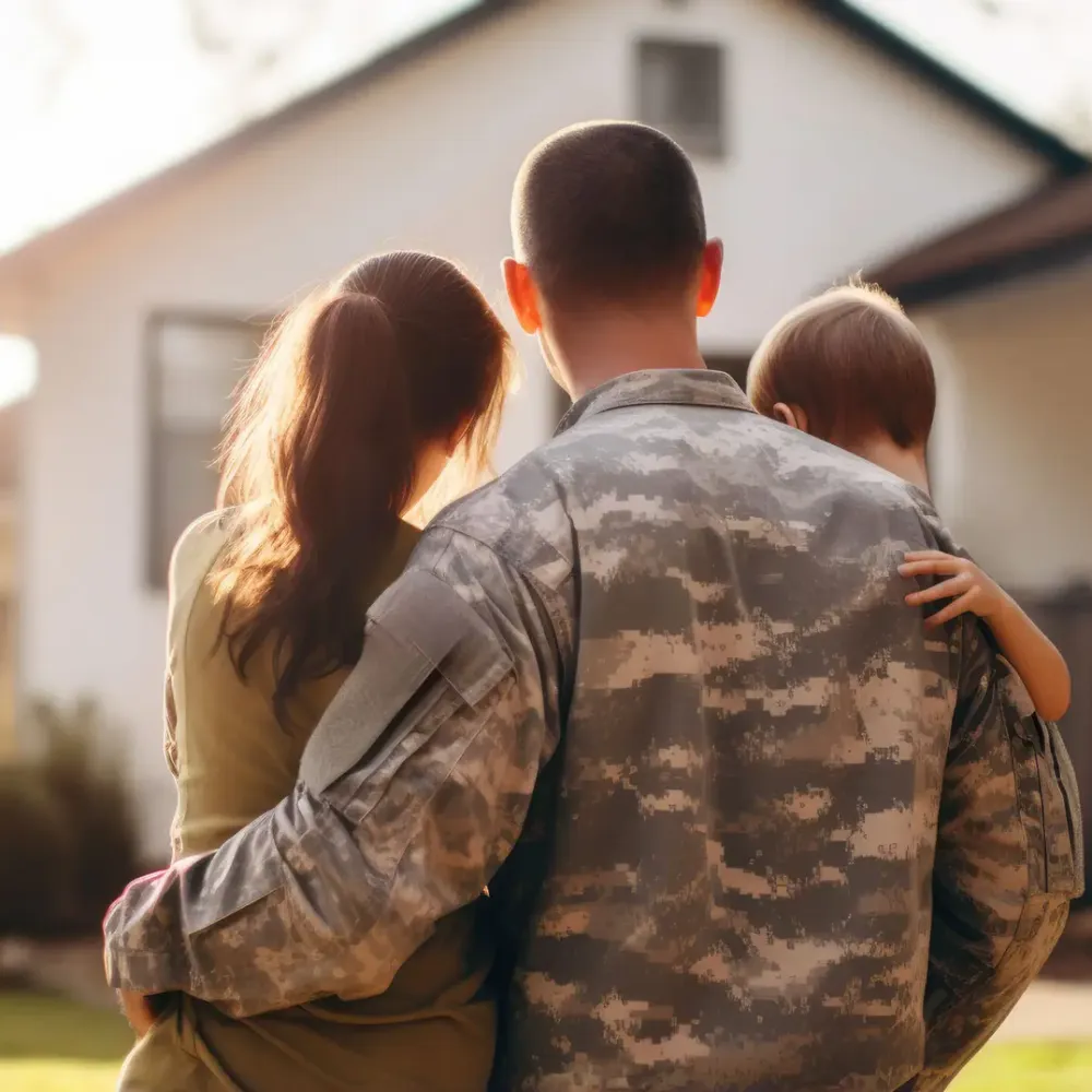 A male veteran american soldier in military uniform hugs his wife and little daughter while standing in front of their house. The concept of a emotional military happy homecoming. Sunny day.